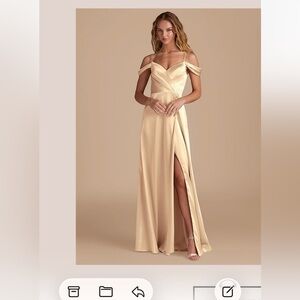 Azazie Gold Metallic Satin Off-Shoulder Maxi Dress.